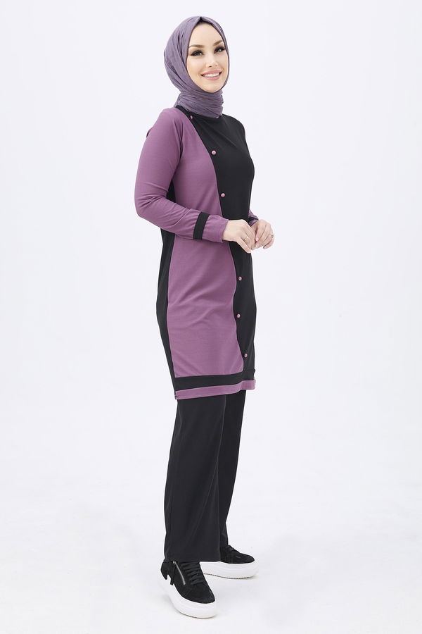 Düz Bisiklet Yaka Kadın Lila Tunik Pantolon - 10518 LİLA
