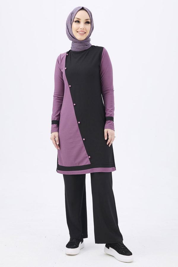 Düz Bisiklet Yaka Kadın Lila Tunik Pantolon - 10518 LİLA
