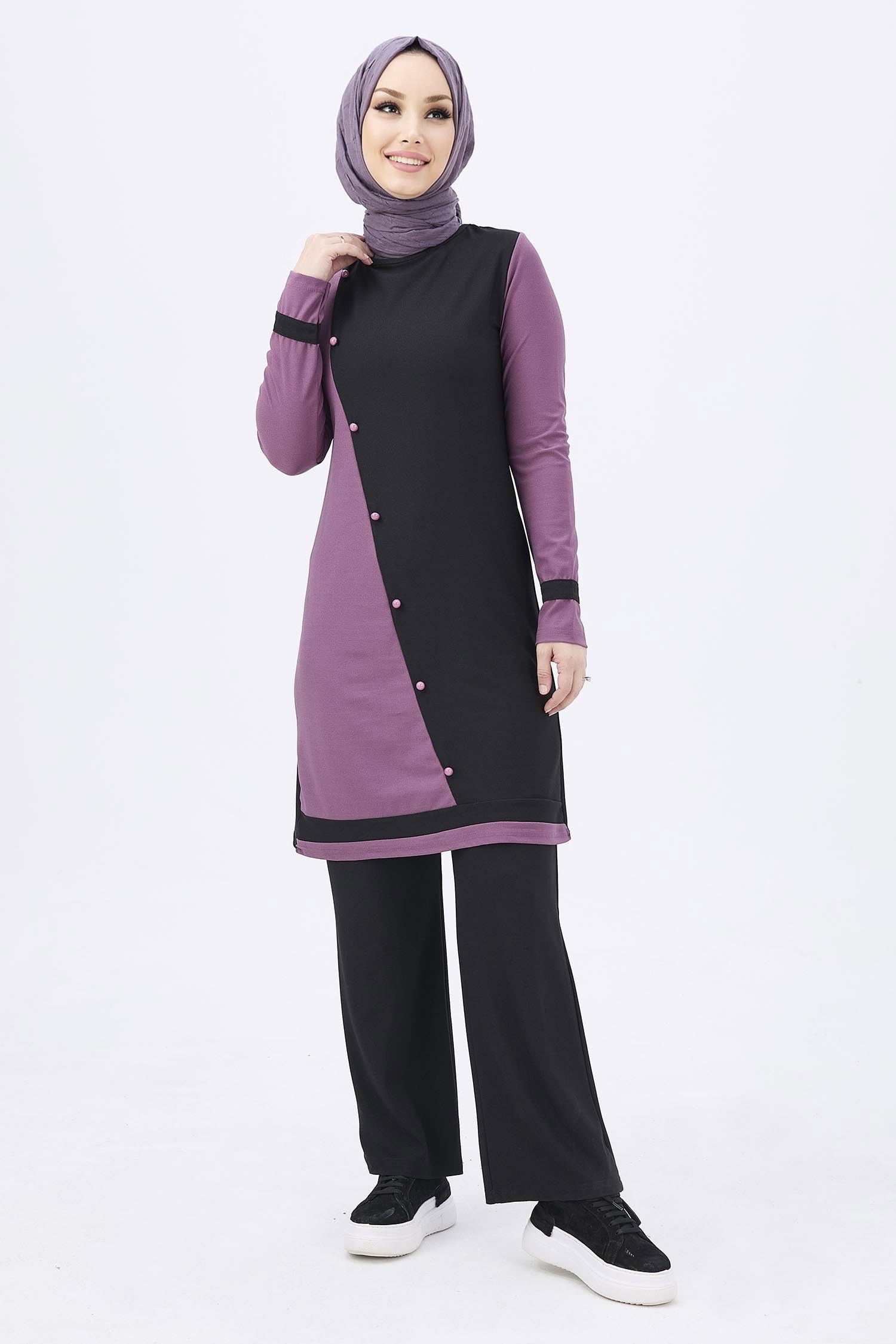 Düz Bisiklet Yaka Kadın Lila Tunik Pantolon - 10518 LİLA
