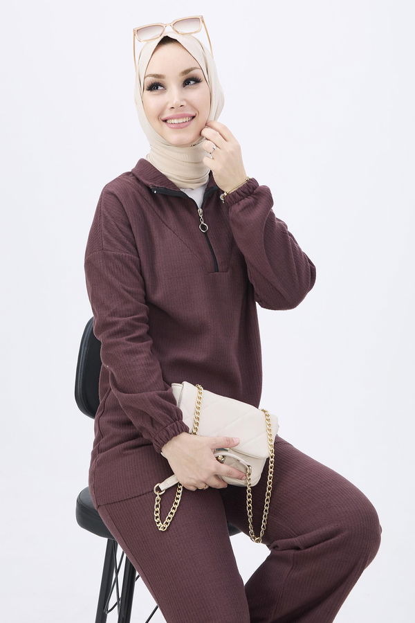 Düz GÖMLEK Kadın Kahverengi Tunik Pantolon - 11185 KAHVERENGİ