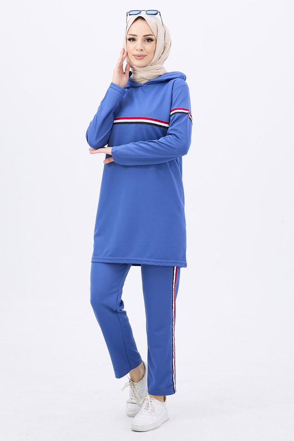 Düz Orta Kadın Mavi Tunik+Pantolon - 11179