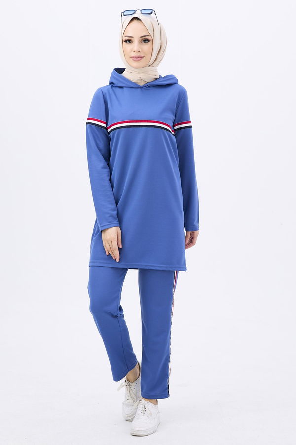 Düz Orta Kadın Mavi Tunik+Pantolon - 11179