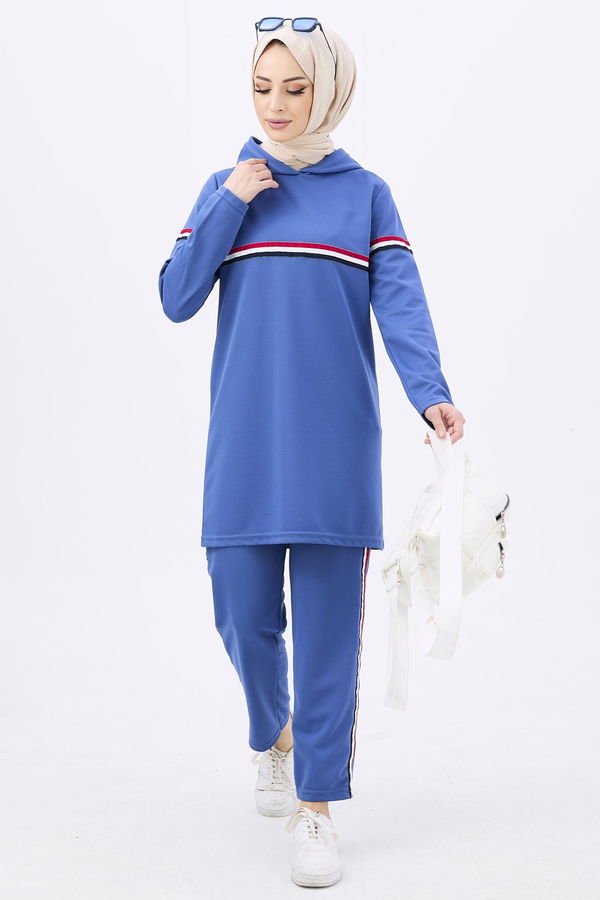 Düz Orta Kadın Mavi Tunik+Pantolon - 11179