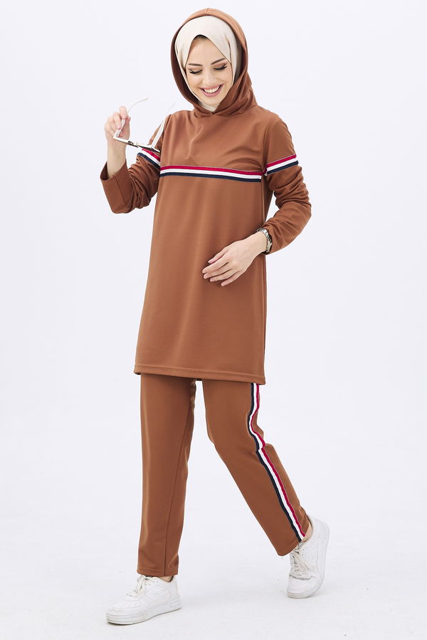 Düz KAPŞONLU Kadın Taba Tunik+Pantolon - 11179