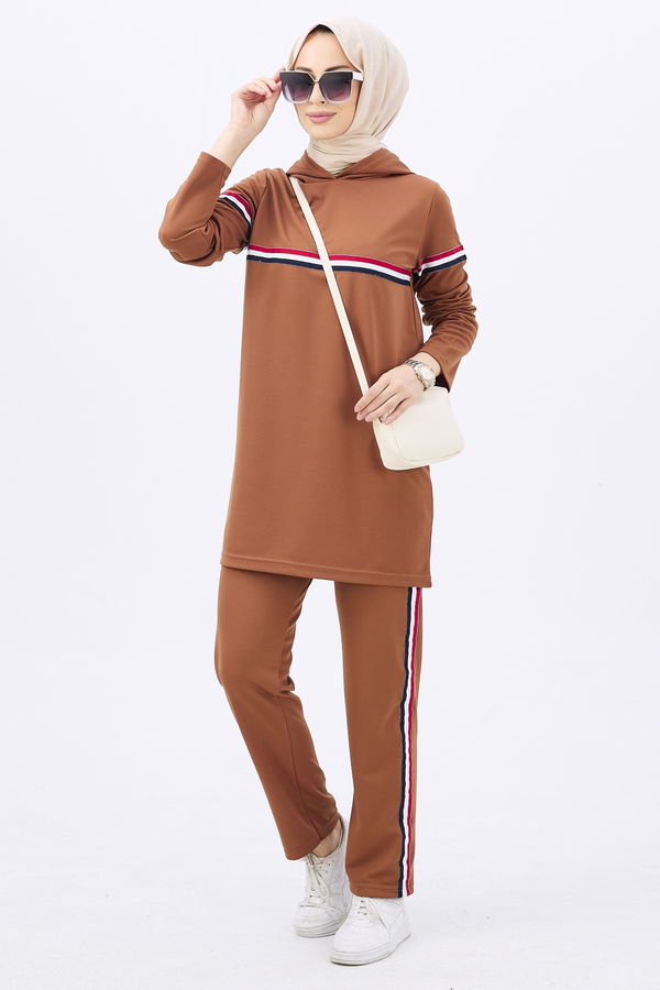 Düz KAPŞONLU Kadın Taba Tunik+Pantolon - 11179
