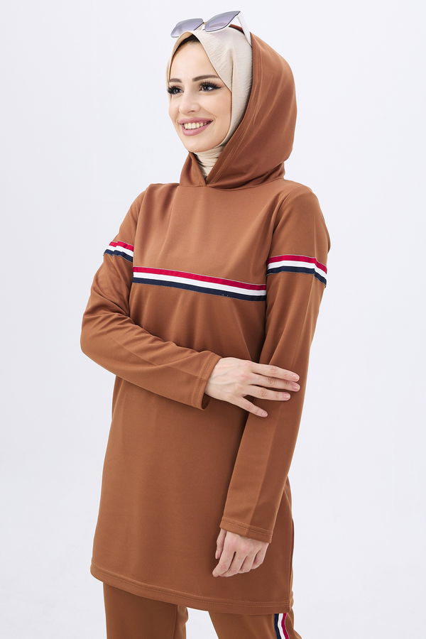 Düz KAPŞONLU Kadın Taba Tunik+Pantolon - 11179