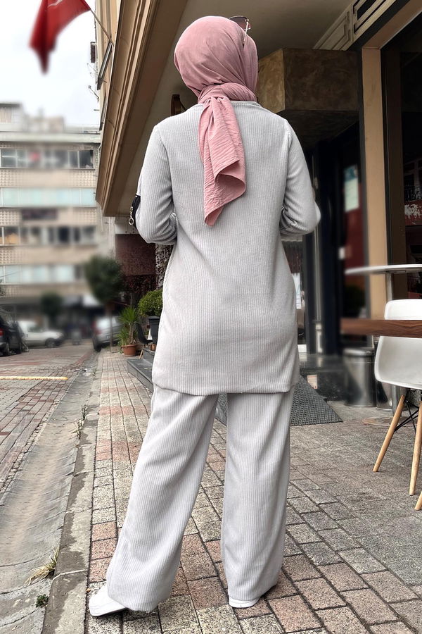 Düz Bisiklet Yaka Kadın Gri Tunik Pantolon - 11186