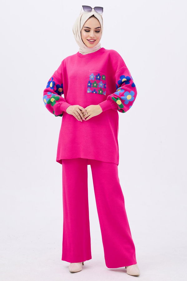 Düz Orta Kadın Fuşya Triko Tunik Pantolon - 21835