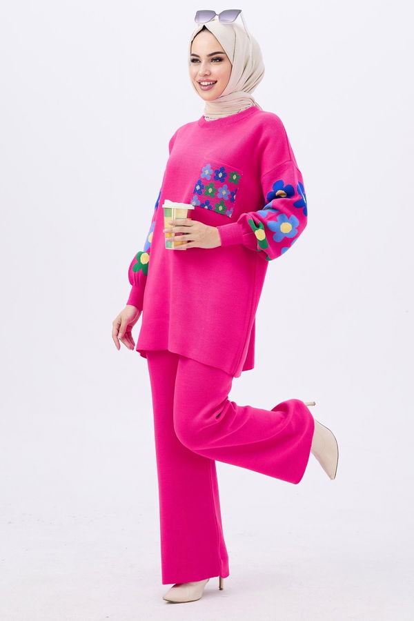 Düz Orta Kadın Fuşya Triko Tunik Pantolon - 21835