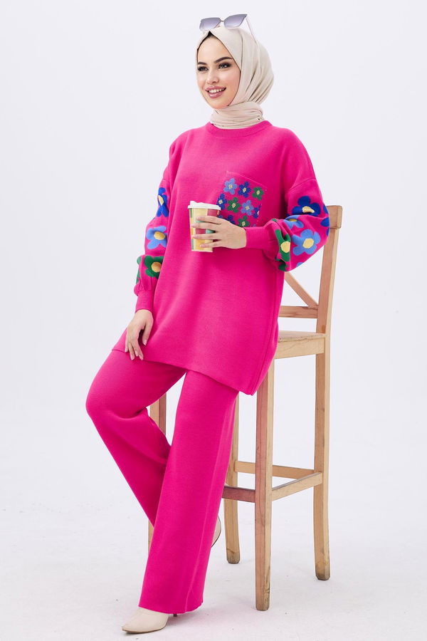 Düz Orta Kadın Fuşya Triko Tunik Pantolon - 21835