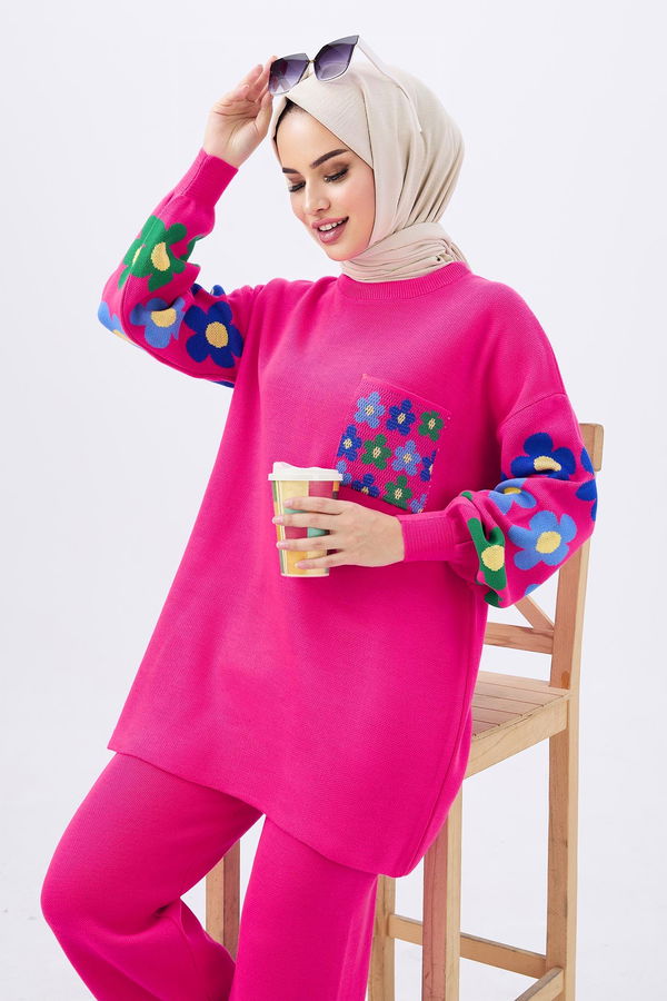 Düz Orta Kadın Fuşya Triko Tunik Pantolon - 21835