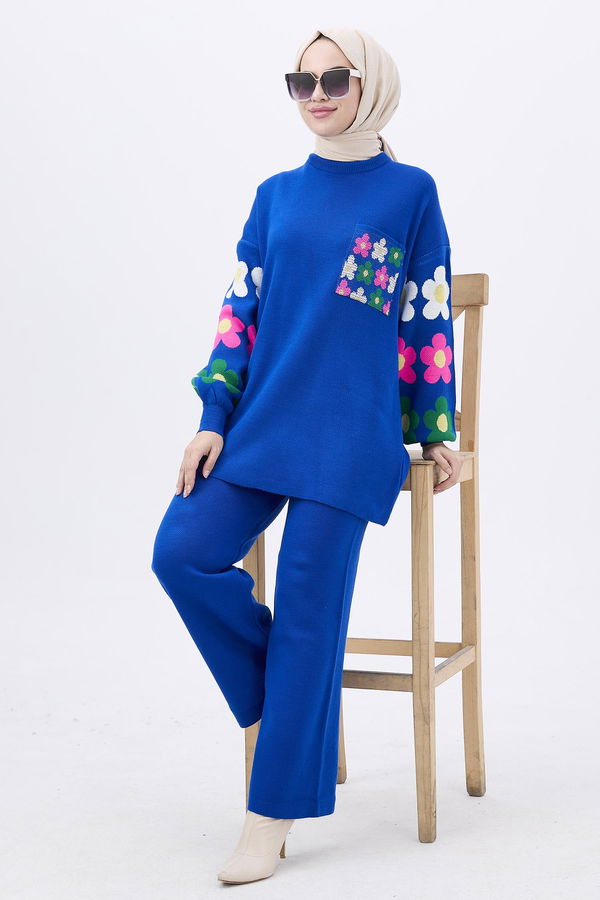 Düz Orta Kadın Mavi Triko Tunik Pantolon - 21835