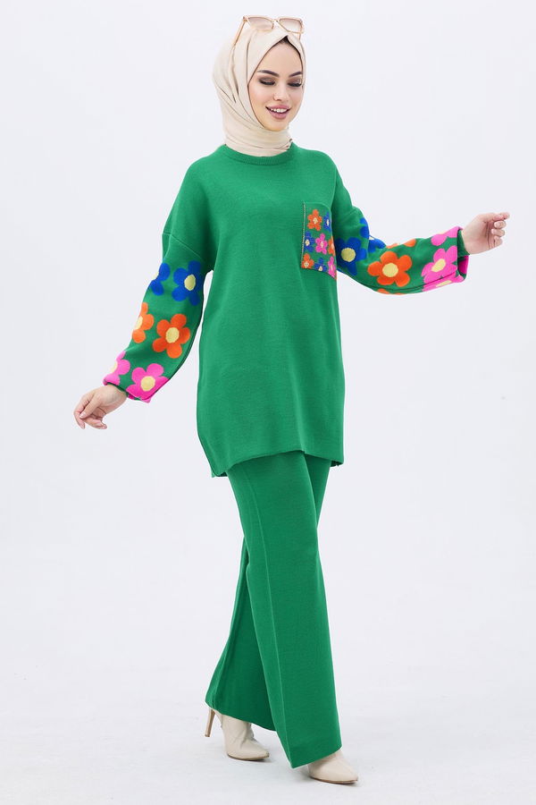 Düz Orta Kadın Yeşil Triko Tunik Pantolon - 21835 YEŞİL