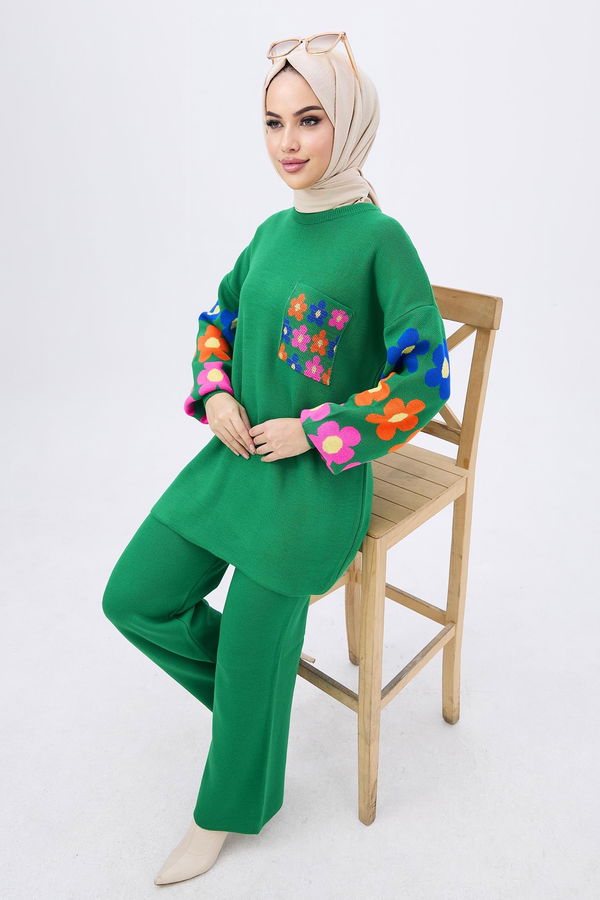 Düz Orta Kadın Yeşil Triko Tunik Pantolon - 21835 YEŞİL
