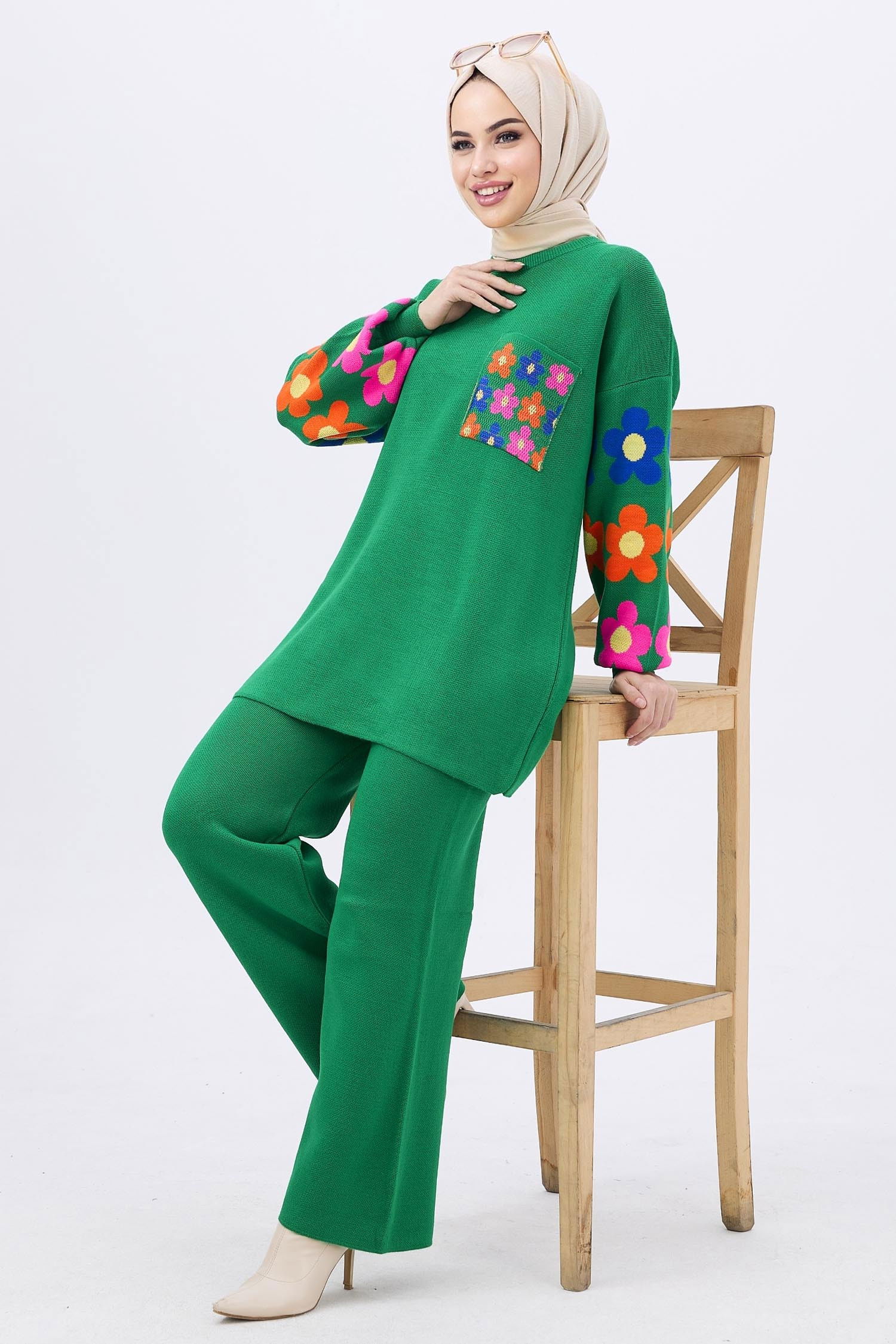 Düz Orta Kadın Yeşil Triko Tunik Pantolon - 21835 YEŞİL