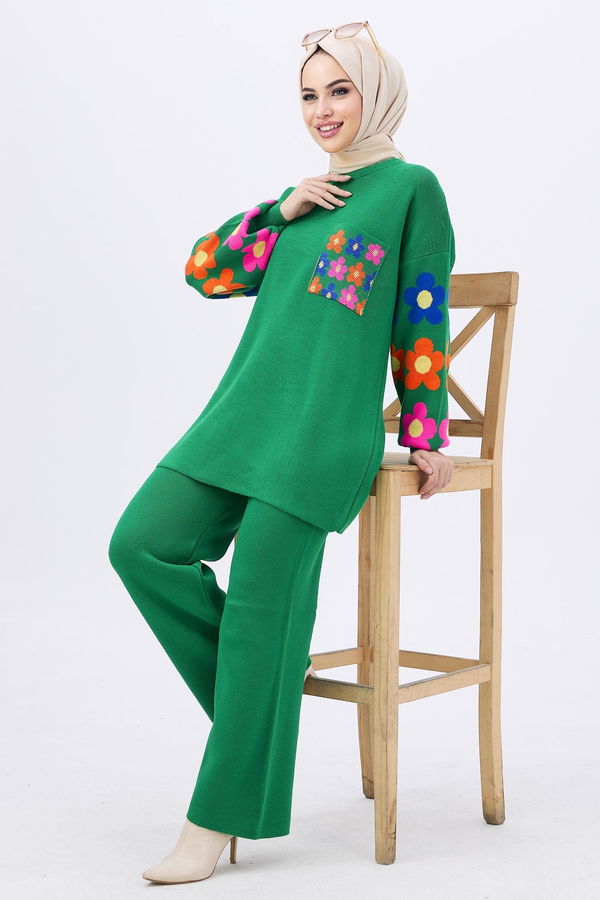Düz Orta Kadın Yeşil Triko Tunik Pantolon - 21835 YEŞİL