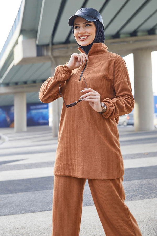 Düz GÖMLEK Kadın Taba Tunik Pantolon - 11185 TABA