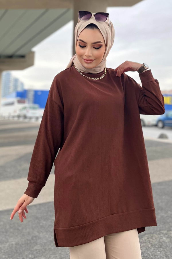 Düz Orta Kadın Kahverengi Tunik - 21854 KAHVERENGİ