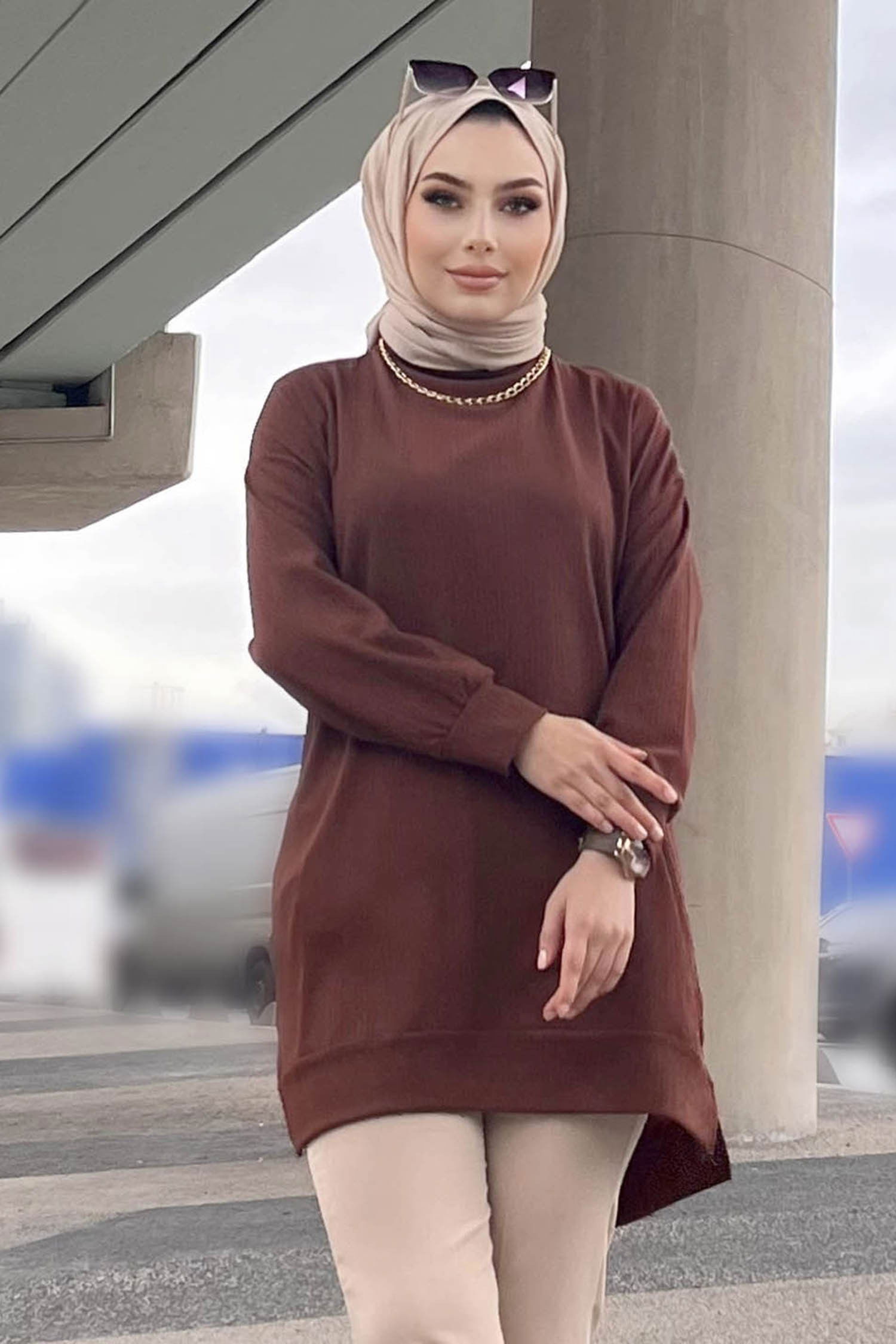 Düz Orta Kadın Kahverengi Tunik - 21854 KAHVERENGİ