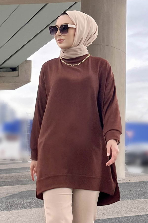 Düz Orta Kadın Kahverengi Tunik - 21854 KAHVERENGİ