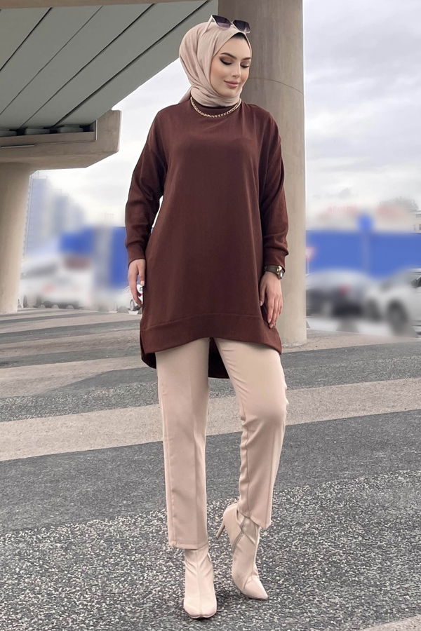 Düz Orta Kadın Kahverengi Tunik - 21854 KAHVERENGİ