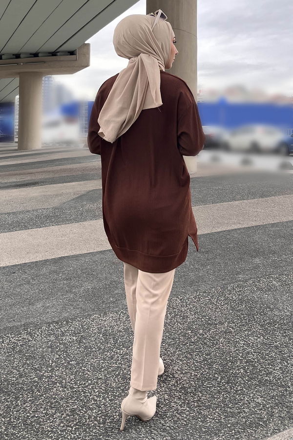 Düz Orta Kadın Kahverengi Tunik - 21854 KAHVERENGİ