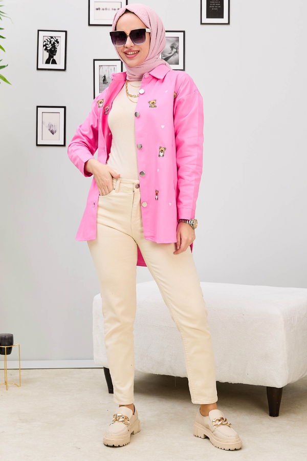 Düz Orta Kadın Pembe Gömlek - 21876 PEMBE