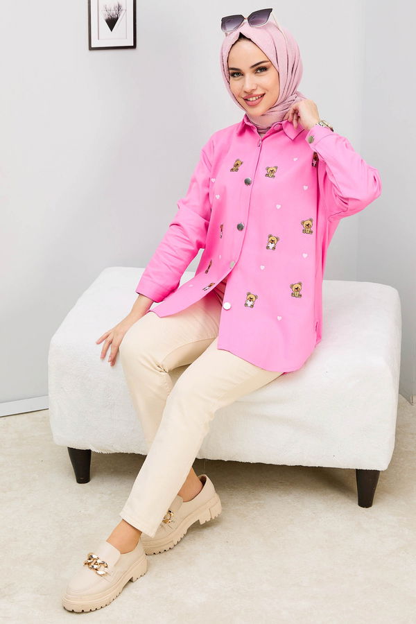 Düz Orta Kadın Pembe Gömlek - 21876 PEMBE