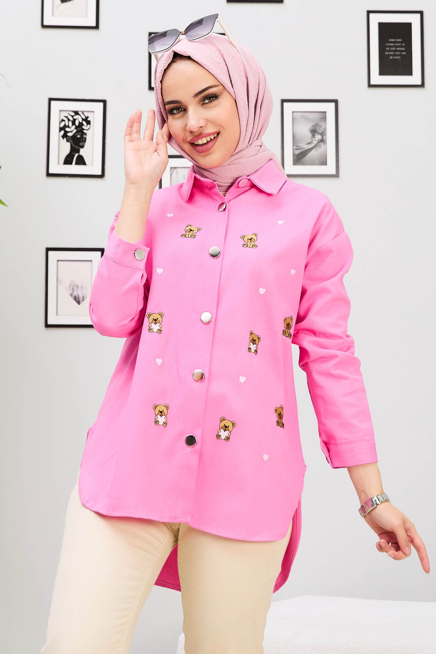 Düz Orta Kadın Pembe Gömlek - 21876 PEMBE