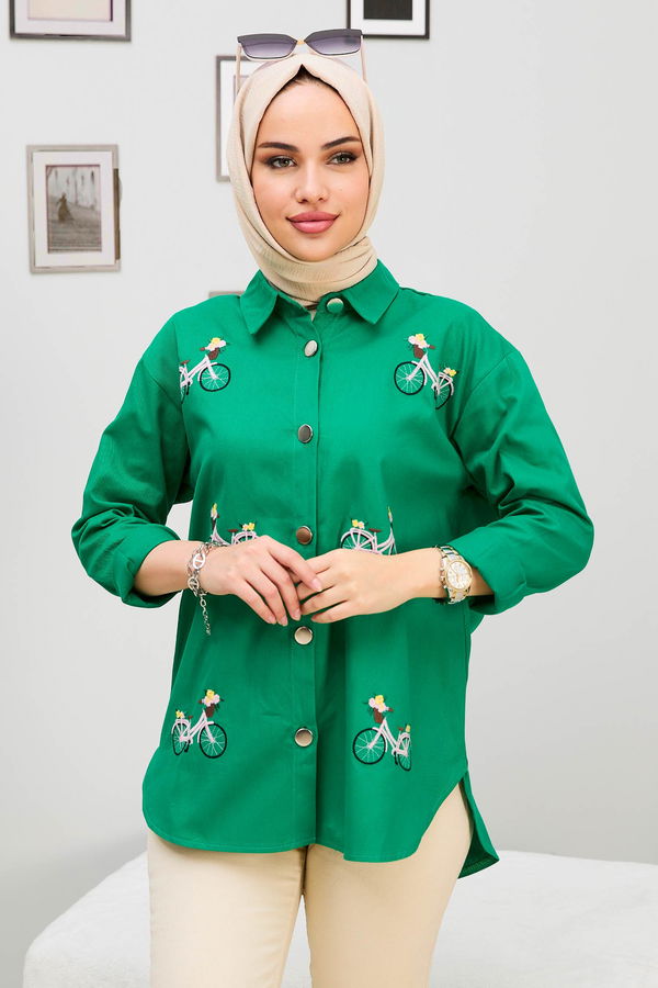 Düz Orta Kadın Yeşil Gömlek - 21878 YEŞİL