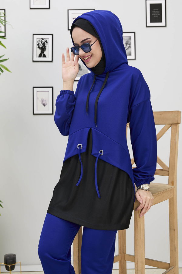 Düz Kapşonlu Yaka Kadın Mavi Tunik+Pantolon - 11181 MAVİ