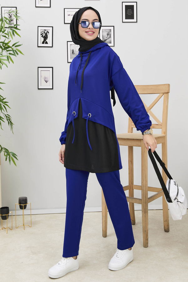 Düz Kapşonlu Yaka Kadın Mavi Tunik+Pantolon - 11181 MAVİ