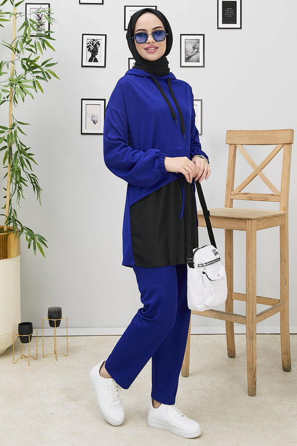 Düz Kapşonlu Yaka Kadın Mavi Tunik+Pantolon - 11181 MAVİ