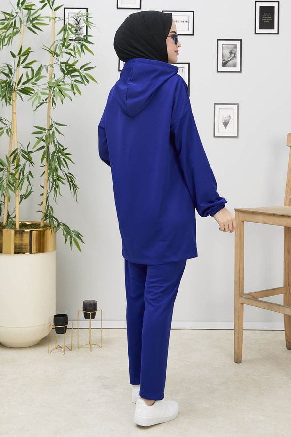 Düz Kapşonlu Yaka Kadın Mavi Tunik+Pantolon - 11181 MAVİ