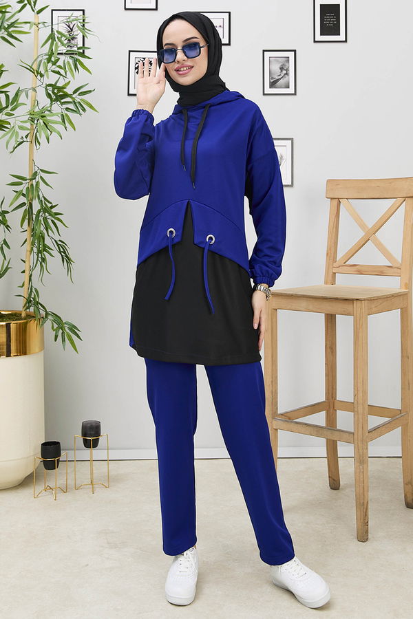 Düz Kapşonlu Yaka Kadın Mavi Tunik+Pantolon - 11181 MAVİ