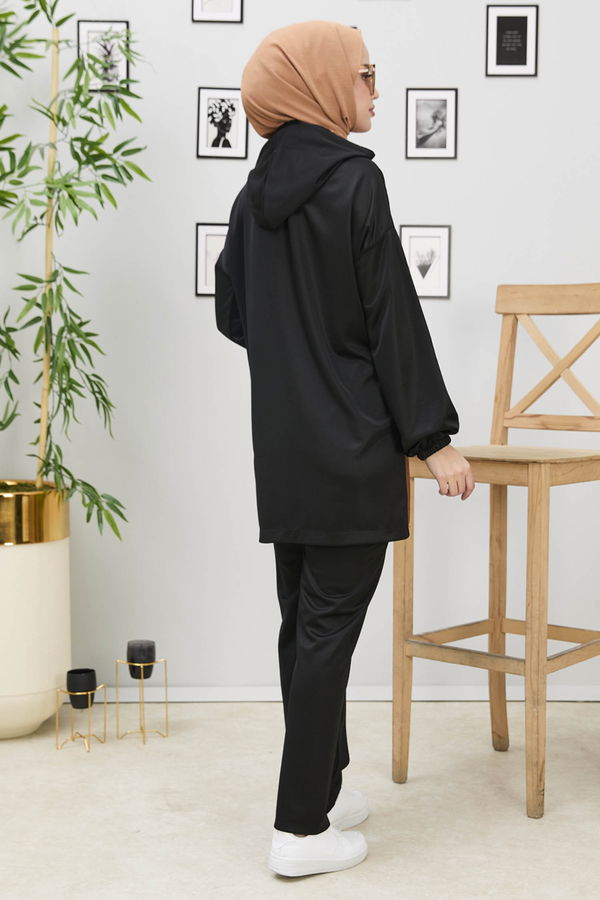 Düz Kapşonlu Yaka Kadın Taba Tunik+Pantolon - 11181 TABA