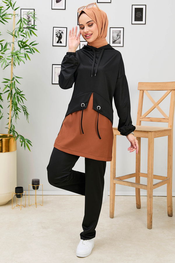 Düz Kapşonlu Yaka Kadın Taba Tunik+Pantolon - 11181 TABA
