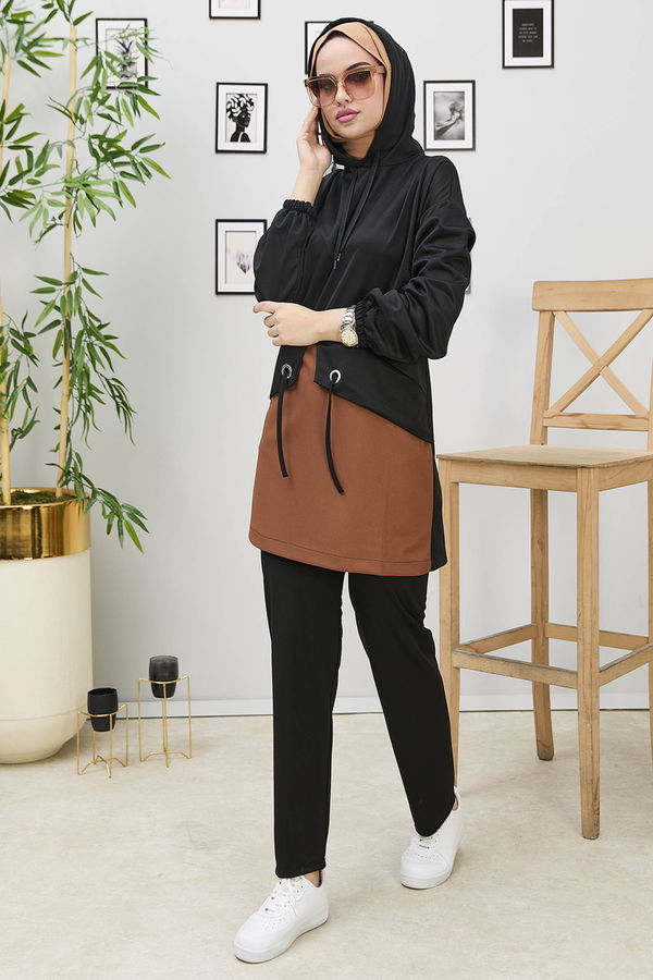 Düz Kapşonlu Yaka Kadın Taba Tunik+Pantolon - 11181 TABA