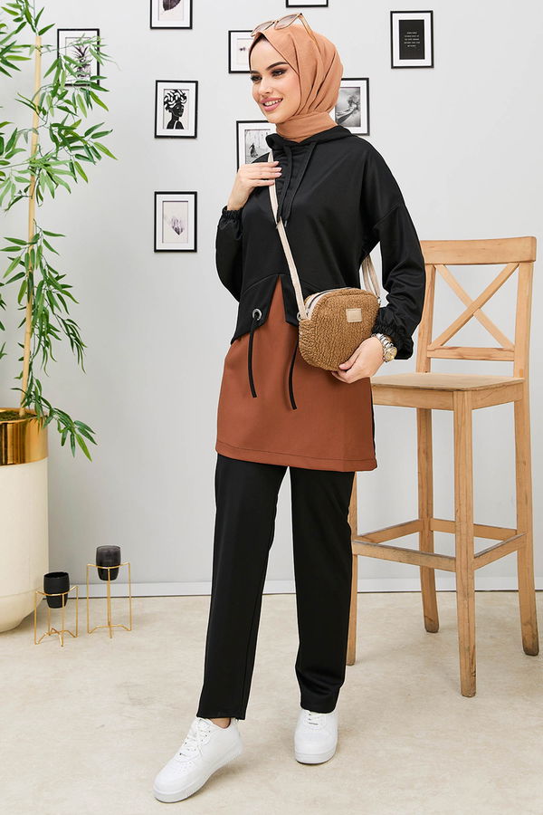 Düz Kapşonlu Yaka Kadın Taba Tunik+Pantolon - 11181 TABA