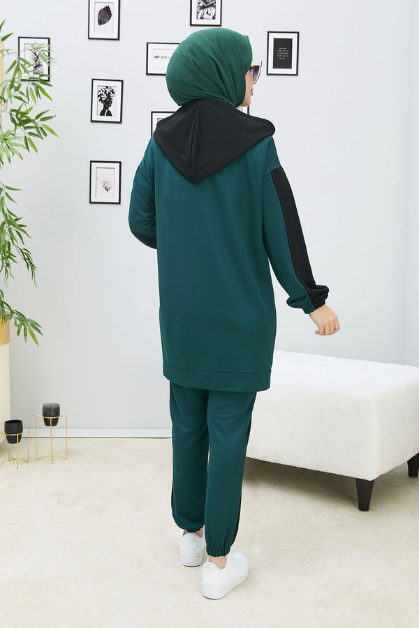 Düz Kapşonlu Yaka Kadın Yeşil Tunik Pantolon - 11308 YEŞİL