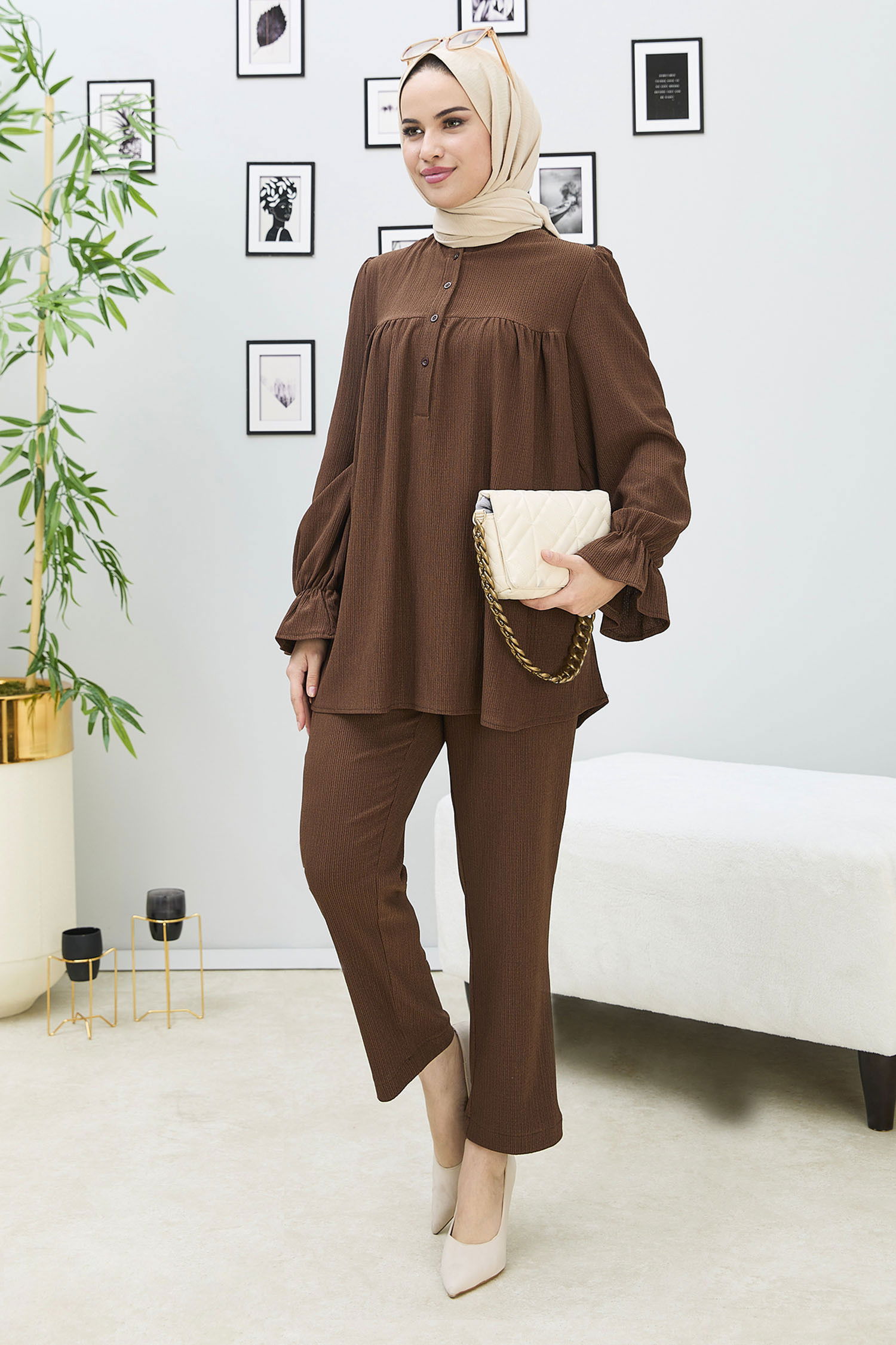 Düz Orta Kadın Kahverengi Tunik Pantolon - 21874 KAHVERENGİ