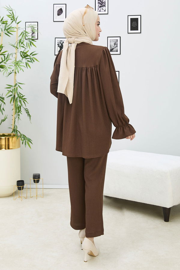 Düz Orta Kadın Kahverengi Tunik Pantolon - 21874 KAHVERENGİ