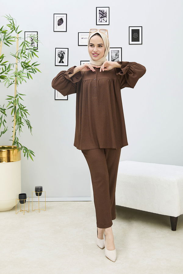 Düz Orta Kadın Kahverengi Tunik Pantolon - 21874 KAHVERENGİ