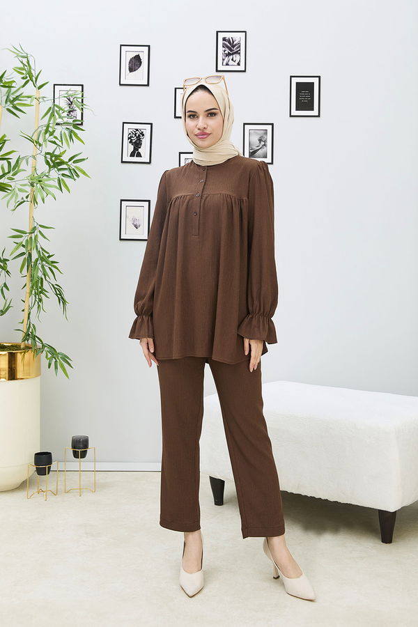 Düz Orta Kadın Kahverengi Tunik Pantolon - 21874 KAHVERENGİ
