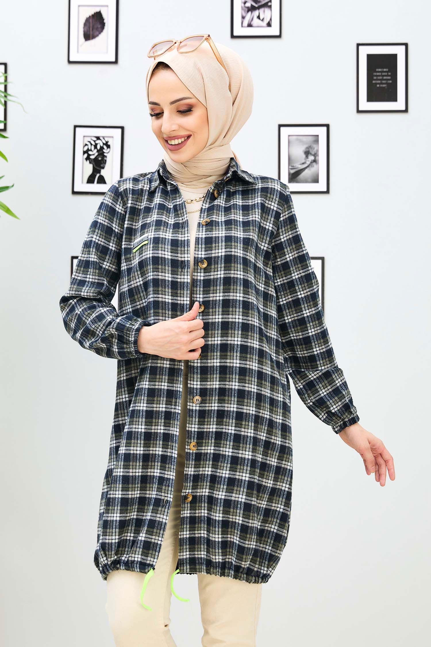 Düz Gömlek Yaka Kadın Haki Tunik - 11164