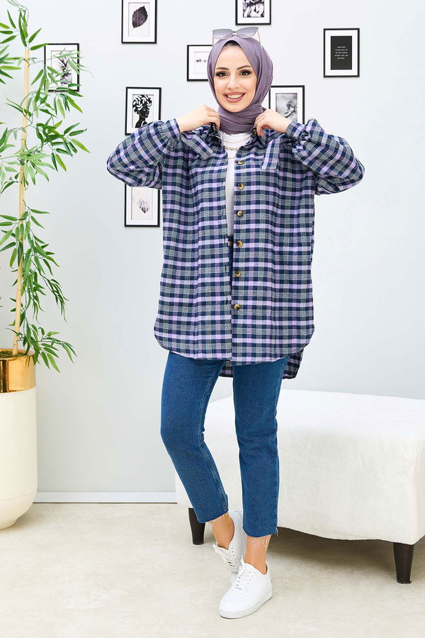 Düz Gömlek Yaka Kadın Lila Tunik - 11167 LİLA