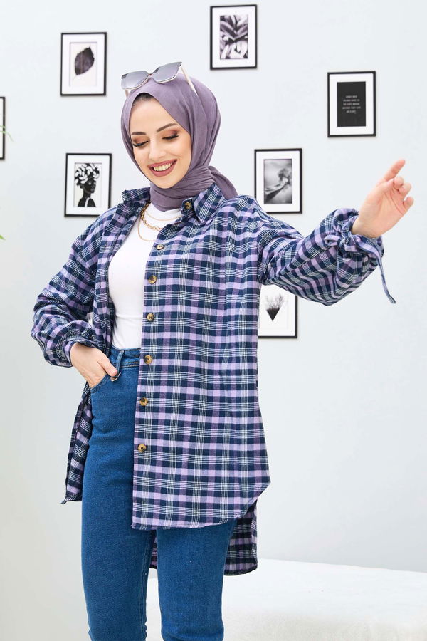 Düz Gömlek Yaka Kadın Lila Tunik - 11167 LİLA