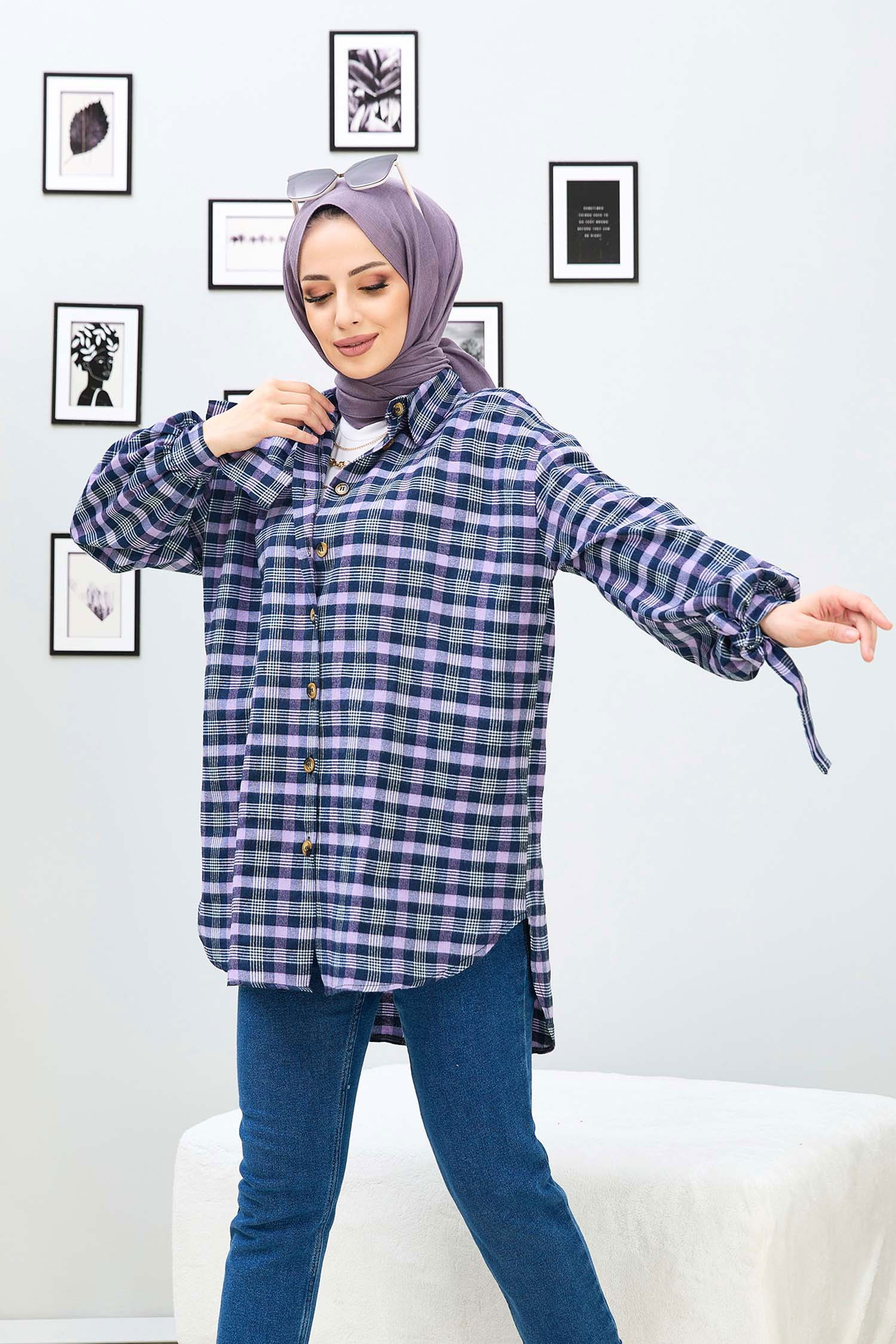 Düz Gömlek Yaka Kadın Lila Tunik - 11167 LİLA