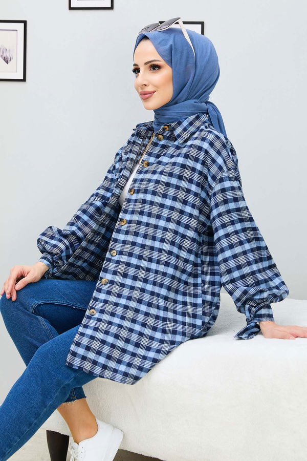 Düz Gömlek Yaka Kadın Mavi Tunik - 11167 MAVİ