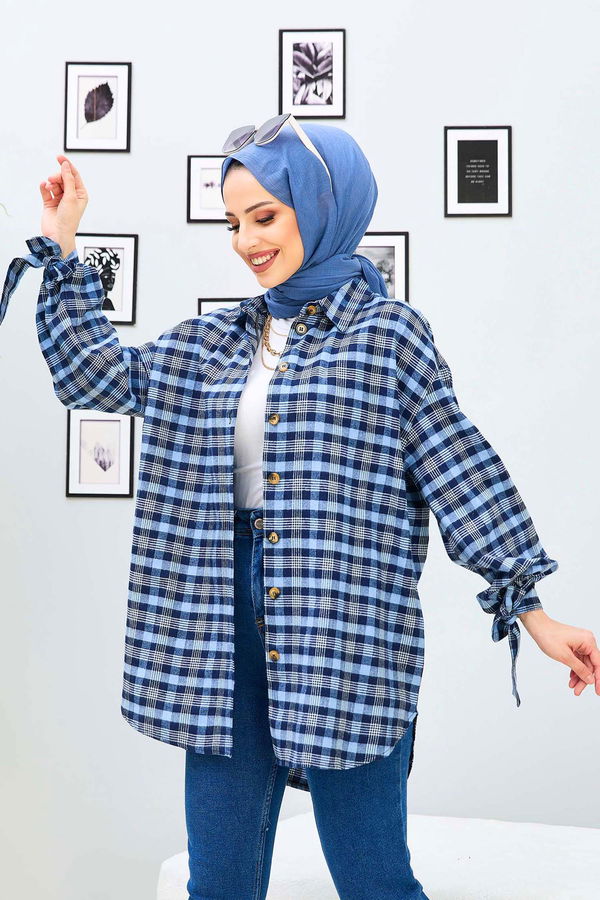 Düz Gömlek Yaka Kadın Mavi Tunik - 11167 MAVİ